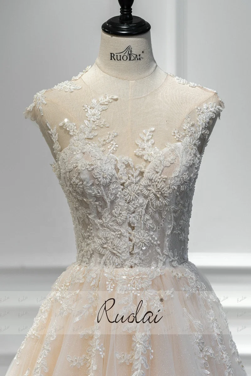 Ruolai QW01182 Illusion Scoop Neckline Crystal Beaded Lace Appliqued  Glitter Layer A-Line Bride Gowns Wedding Dress