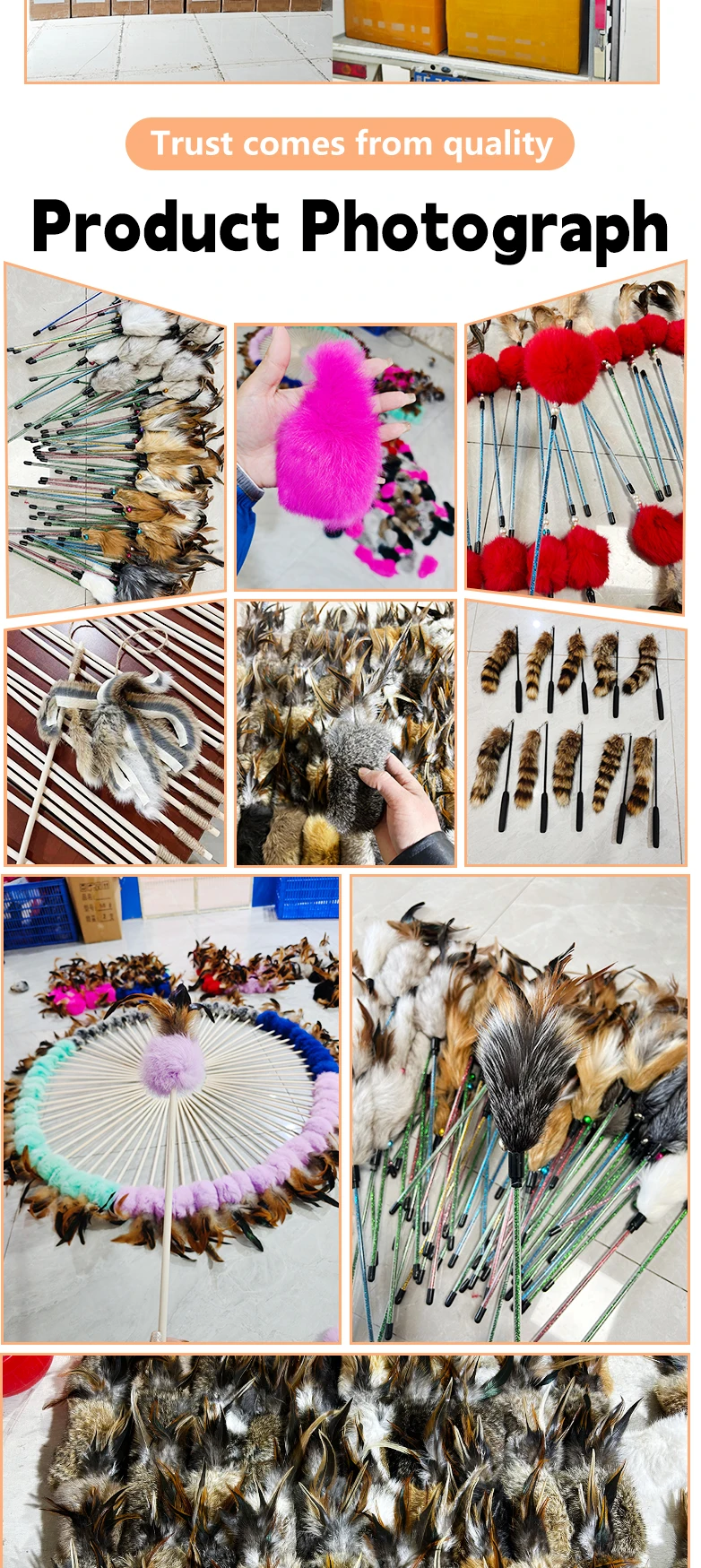 Factory Direct Supply Pet Toys Real Rabbit Fur Cat Teaser Colorful Feather Stick Dog Training Toys Play Supplies Pet Products