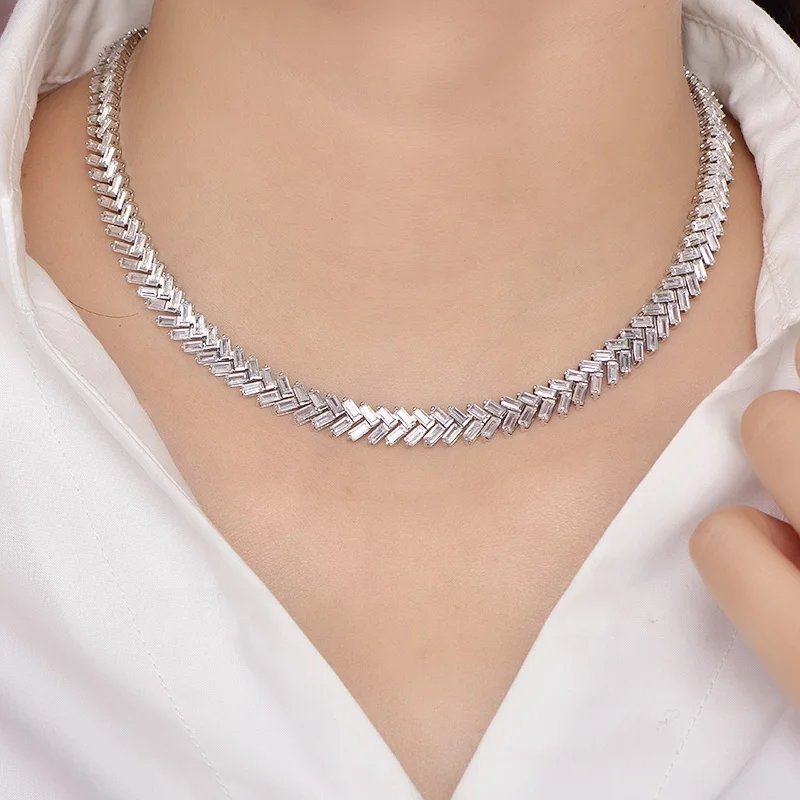 Wholesale fashion necklace Baguette Zircon Diamond Hip Hop Womens CZ Stone Necklace fishbone necklace Women