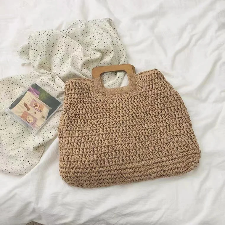 Hot Sale Natural Popular Crochet Handmade Paper Straw Beach Handbag Lady Fashion Bag With Wood Handle