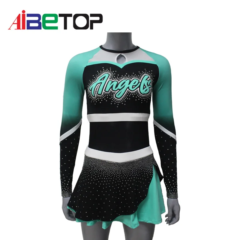 Sublimation Logo Competition Women Cheerleading Uniform Green And Black ...