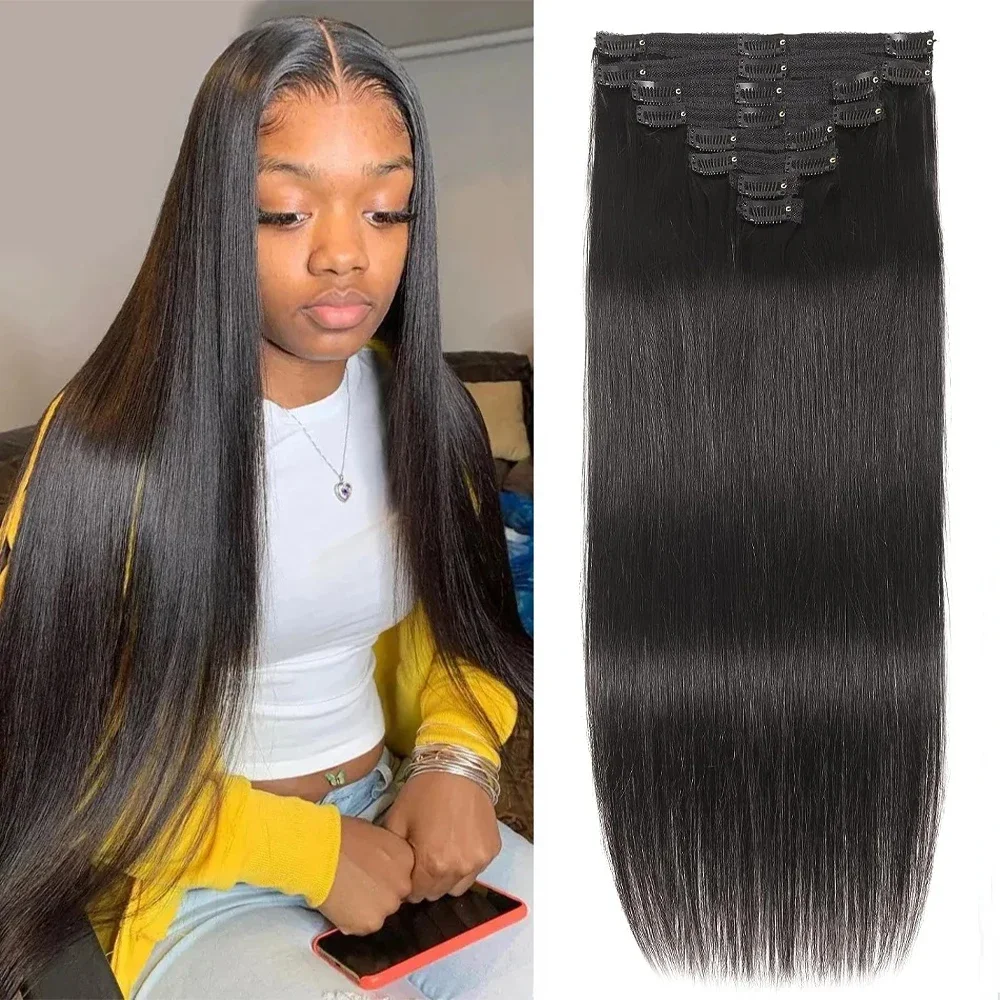 Clip-in-Haarverlängerungen aus glattem Echthaar Nr. 1B, natürliche Farbe, 8 Stück, 100 % brasilianisches Echthaar, 120 g, für Frauen von 25,4 bis 66 cm_voghion.com