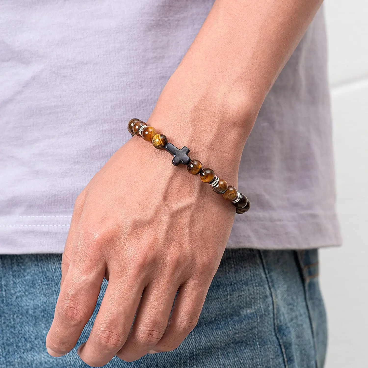 Cross Bracelets 8mm Natural Howlite Turquoise Healing Beaded Stretch Cross Bracelets for Women Men