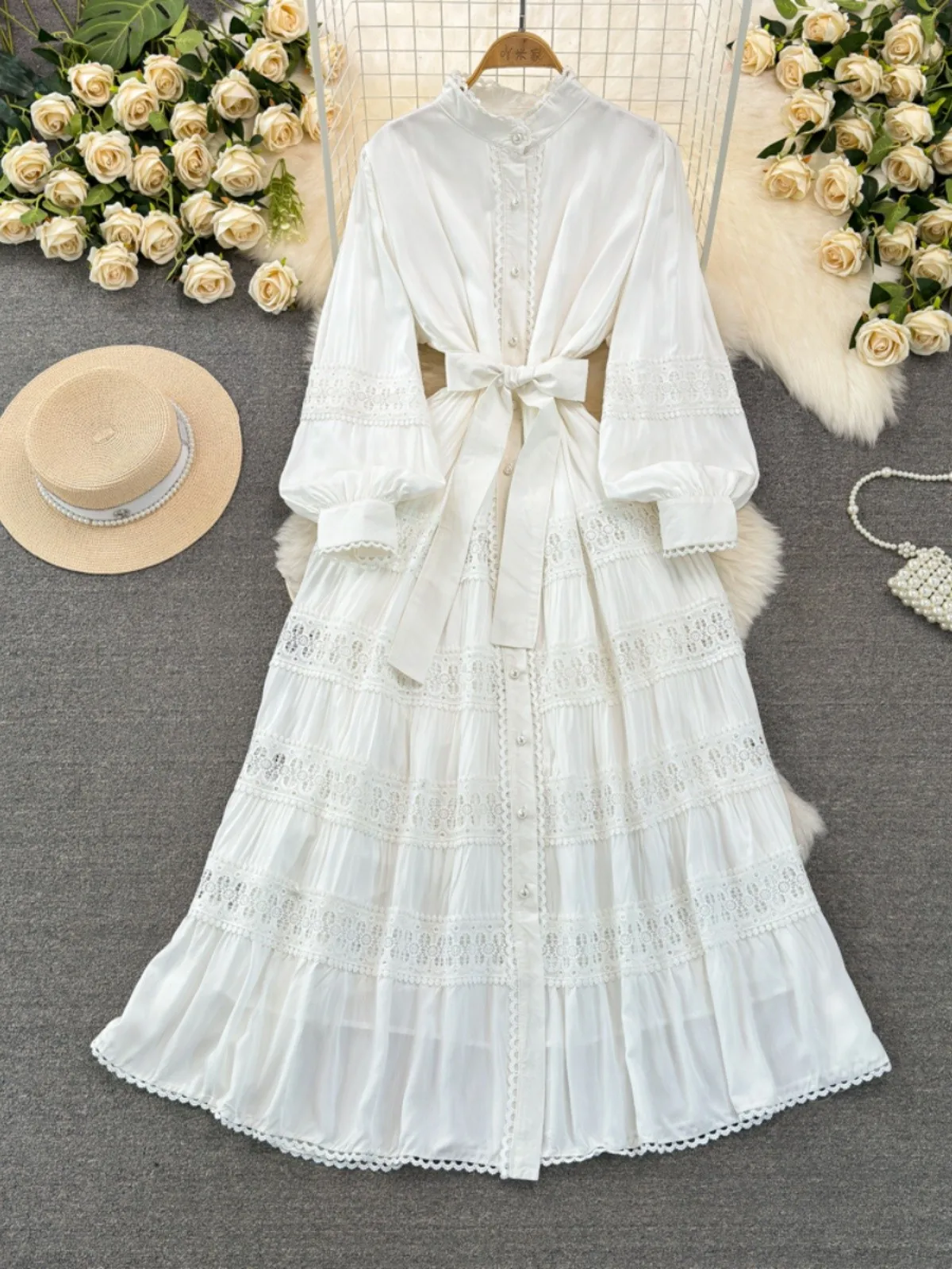 One Size Lace up Casual Dress for Women With Fluffy Sleeves, Empire  Hollowed Out Lace Dress for Women With Elegant Dress