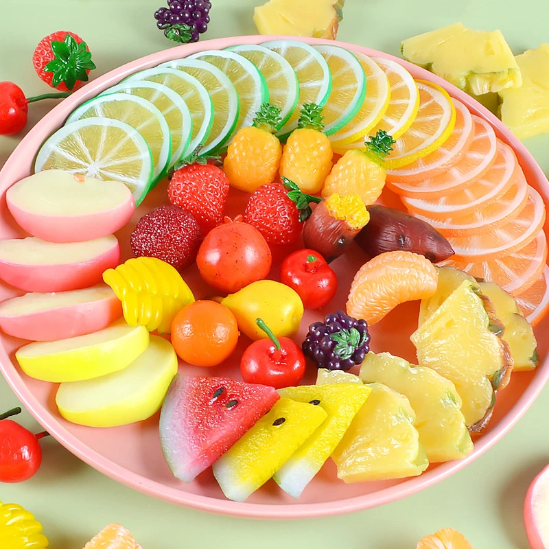 Hot Sale Simulated PVC Lemon Fruit Slices Plastic Strawberry Apple Fruit Model  for DIY Home Kitchen Decoration Photo Props