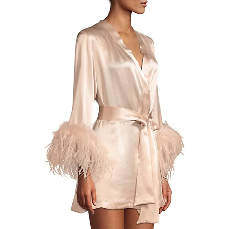 nighty designs Ladies Pajamas Bath Versache Robes Femme Pink Robes Feather Stretch Satin Silk Robe Women's Sleepwear