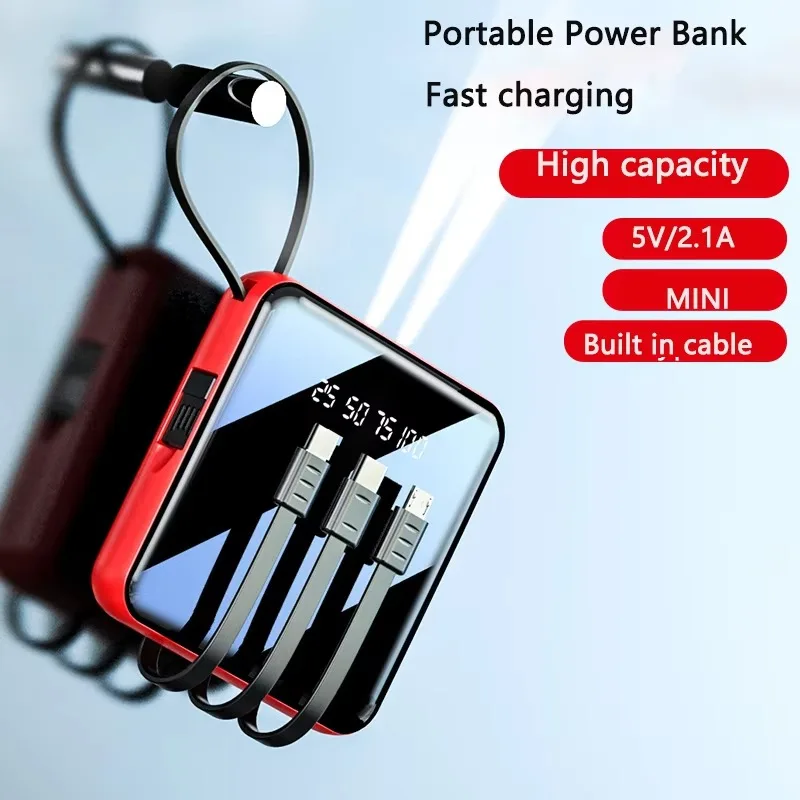 Mini Power Bank 10000Mah With Cable Fast Charger External Battery Portable Charger External Battery Powerbank
