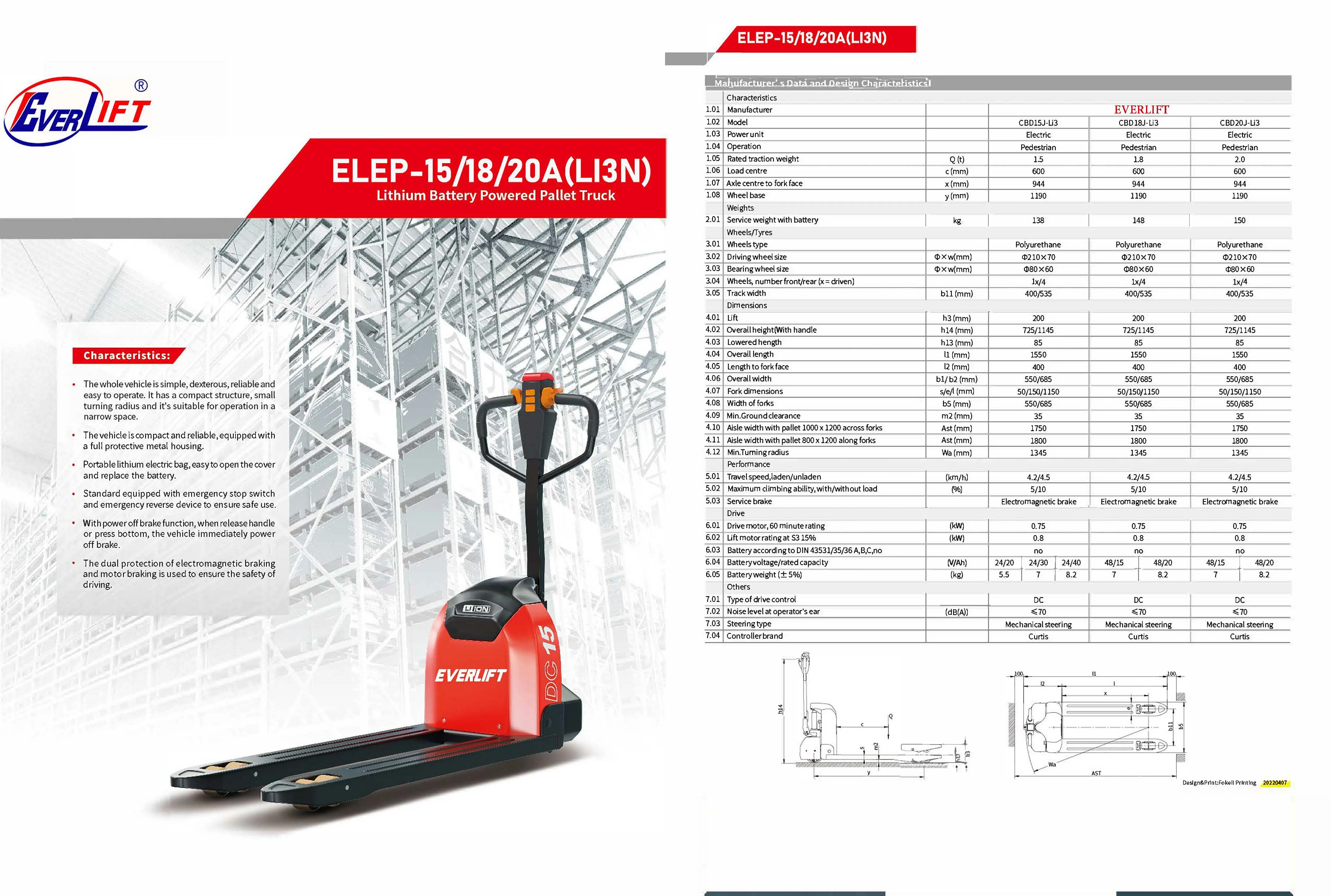 1.5t/1.8t/2.0t Power Battery Electric Pallet Truck Everlift 1500kg 3300lbs Full Electric Pallet