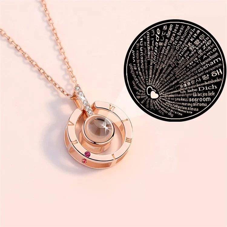 Rose Gold Silver 100 Languages Light I Love You Projection Pendant Necklace Gift 