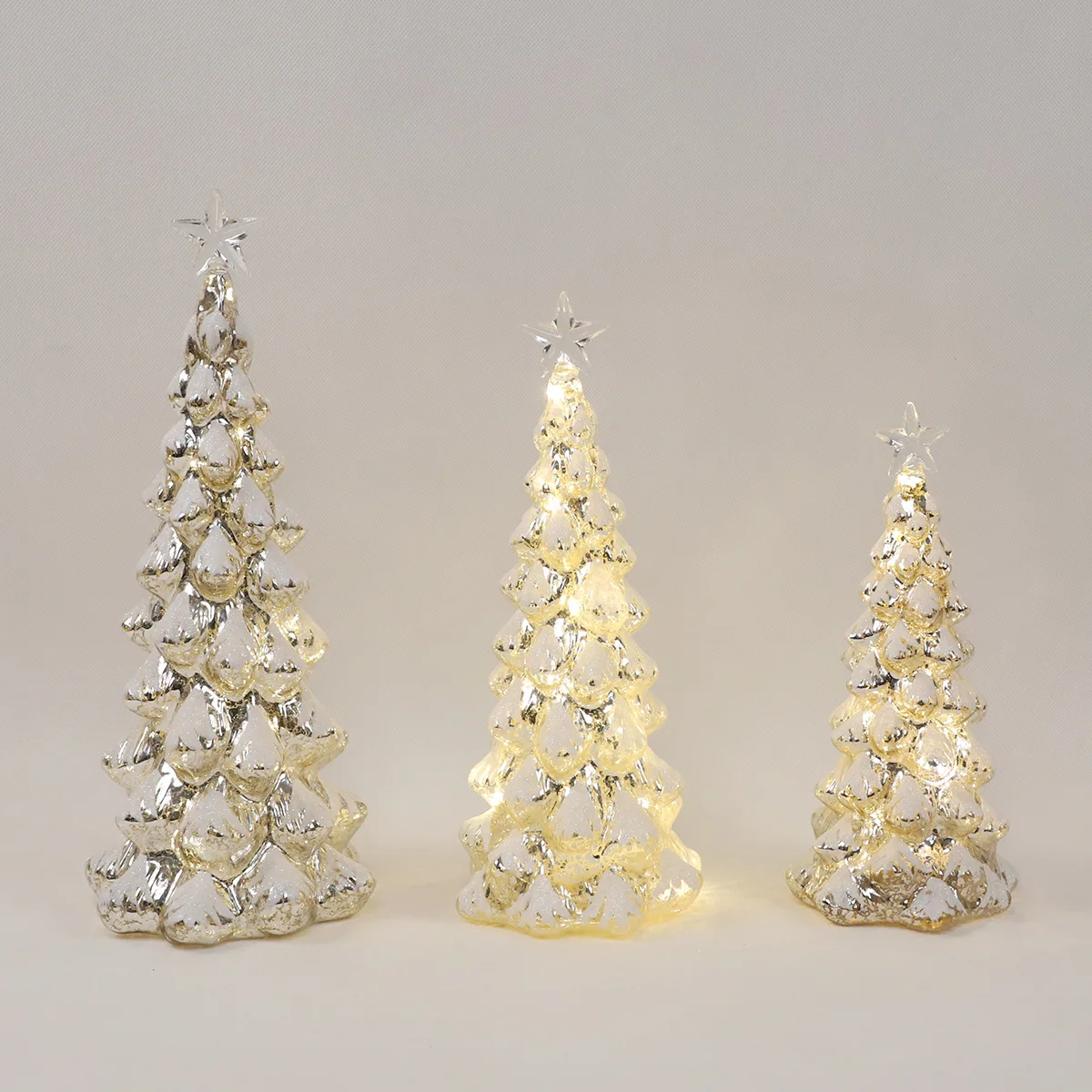 3 Set Luxury Snow-covered Battery Operated Glass Christmas Tree Decoration Hand Blown Beautiful Glass Tree With  Led Lights