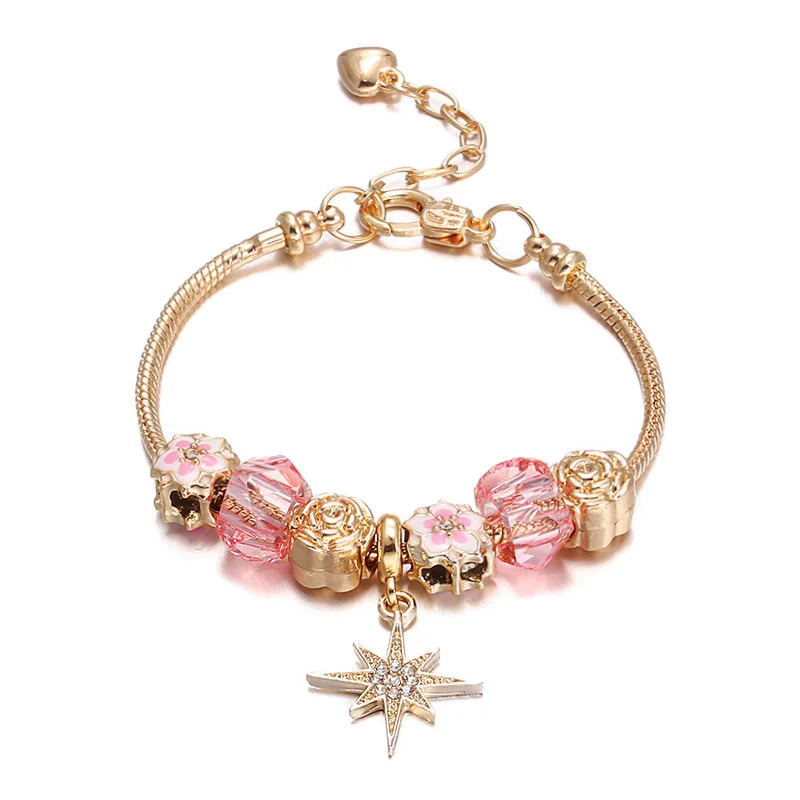 Flowers beaded star pendant  charm bracelets gold plated high quality Women's jewelry