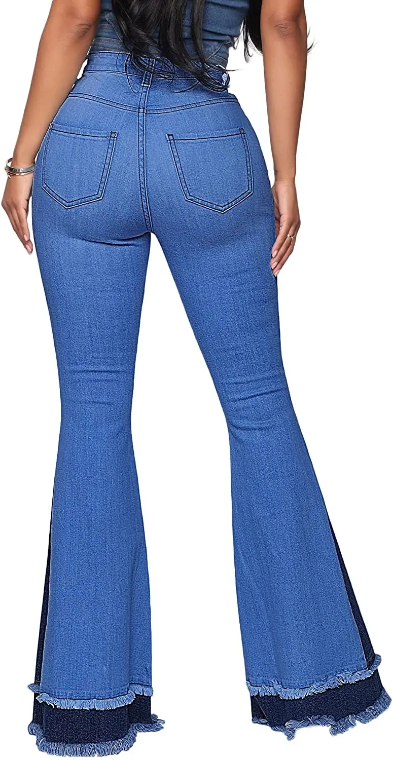 Womens Patchwork Design Wholesale Bell Bottoms Jeans Women Plus Size Denim Pants High Rise
