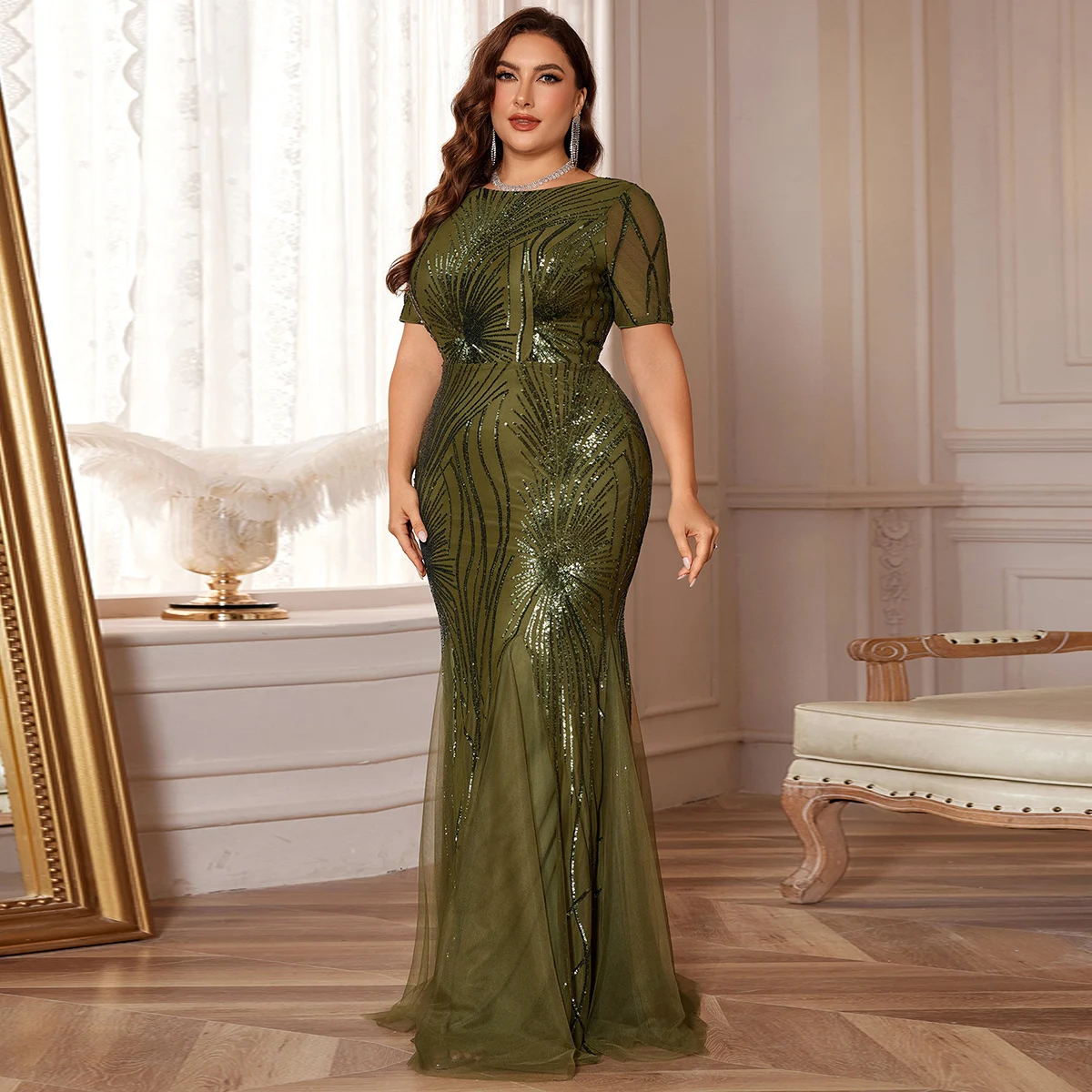 Impereal Luxury Sequin Mermaid Evening Dress for Women Mesh Short Sleeve  Floor Length Bodycon Prom Dress Gown Cocktail Elegant