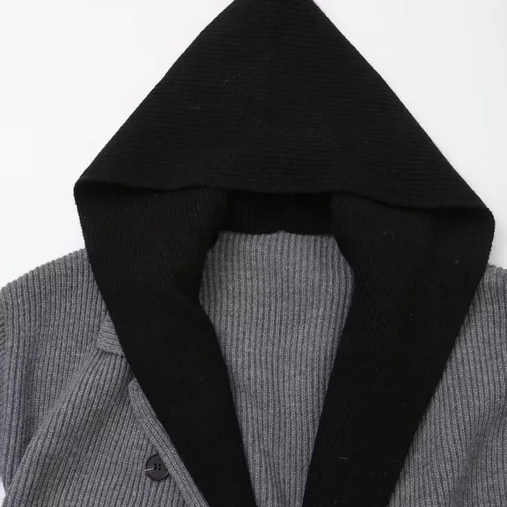 Donne 2024 Moda bavaglino con cappuccio due pezzi lavorati a maglia Cappotto Vintage Manica Lunga Donna Capispalla Chic Overshirt_voghion.com