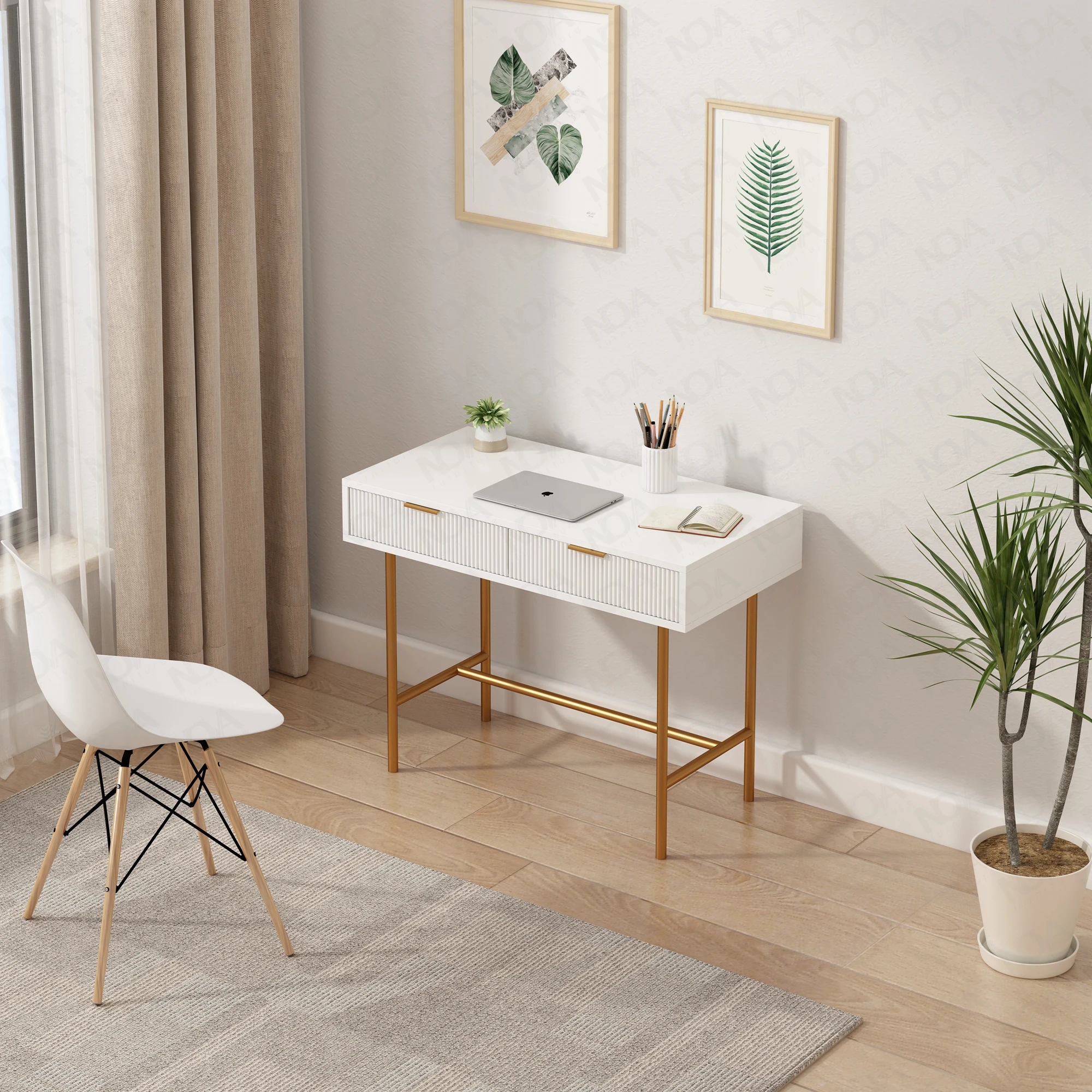 Современный компьютерный стол для дома и офиса NOVA, стол из массива дерева с ящиками, белый письменный стол с золотой металлической рамой