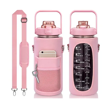 2l Motivational Plastic Straw cup Water Bottle With Time Mark Hand Holder Strap Half Gallon Sport Water Bottle  With Sleeve