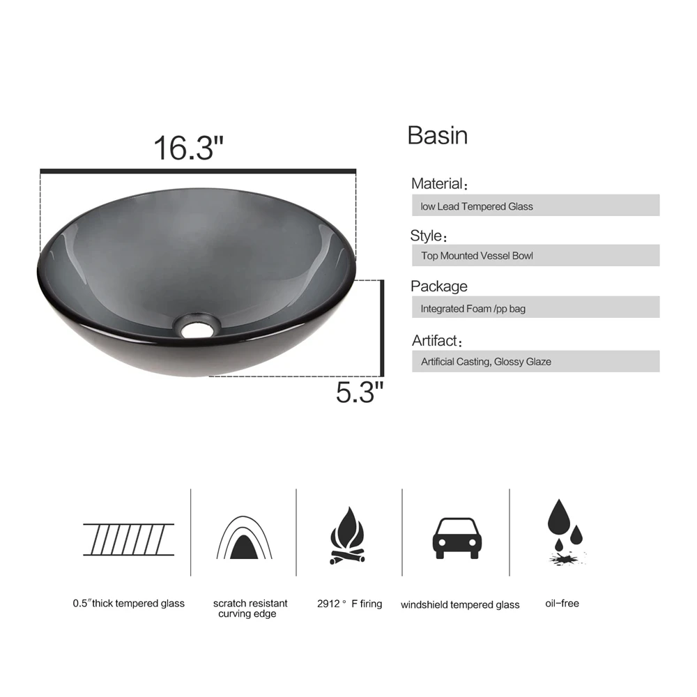 Modern Round Bowl Vanity Sinks Cheap Hotel Use Wall-Hung Tempered Glass Vessel Sink Eco-Friendly Wash Basin