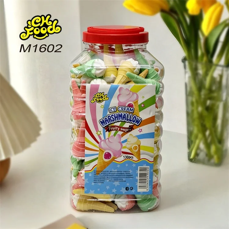 Low MOQ Wholesale Hot Selling Ice Cream Shape Crispy Crust Marshmallow Filled with Strawberry Fruit Jam Halal Snack Food Custom