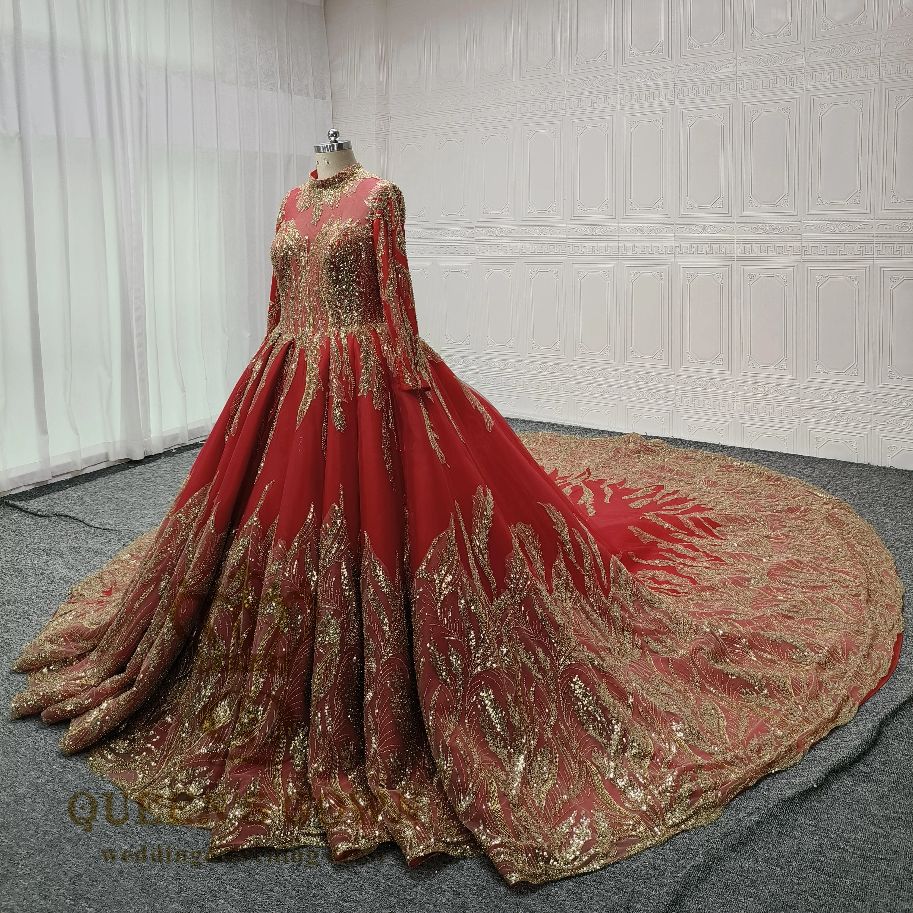 Bridal Dress Red And Gold Long Sleeve Dress QUEENSGOWN Gorgeous