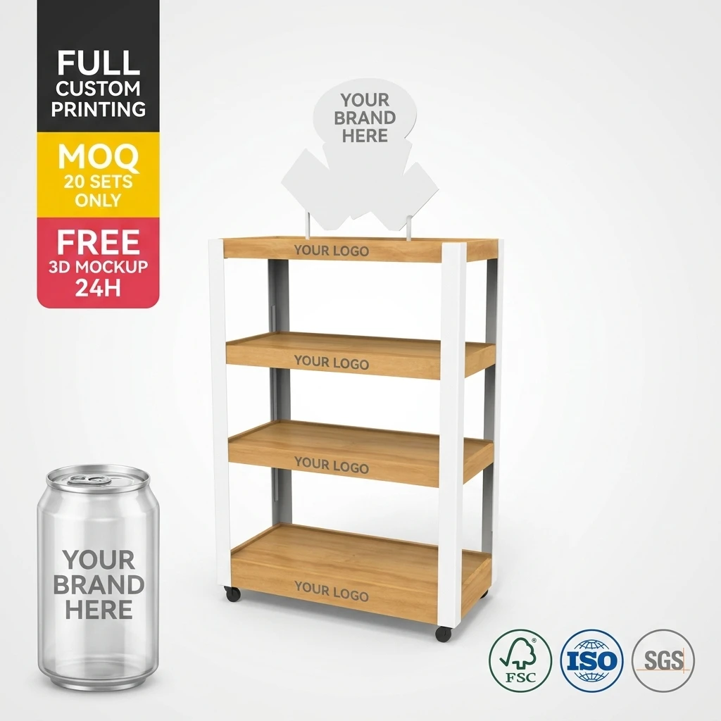 Wholesale Custom Wood Metal Beverage Display Rack for Cola Sprite Fanta Soda Soft Drink Retail Store Mobile Beverage Stand