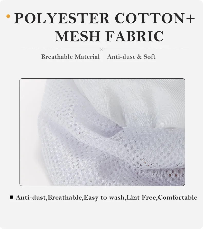 Dustproof Hat with Polyester Cotton Mesh for Food Factory - Machine Washable White Safety Hood