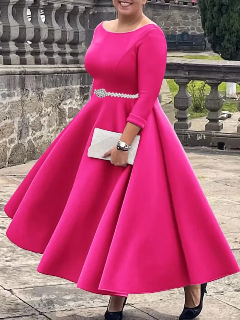 Luxury Dresses for Woman O Neck Half Sleeve Belt Waisted High Waisted  Pleated a Line Ankle Length Elegant Female Birthday Gowns