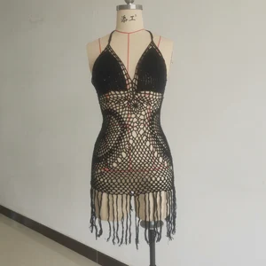 OEM Handmade Crochet Bikini Set Halter Shoulder Bathing Suit Dress with Sexy Tassels and Drawstring Decoration Short Beachwear