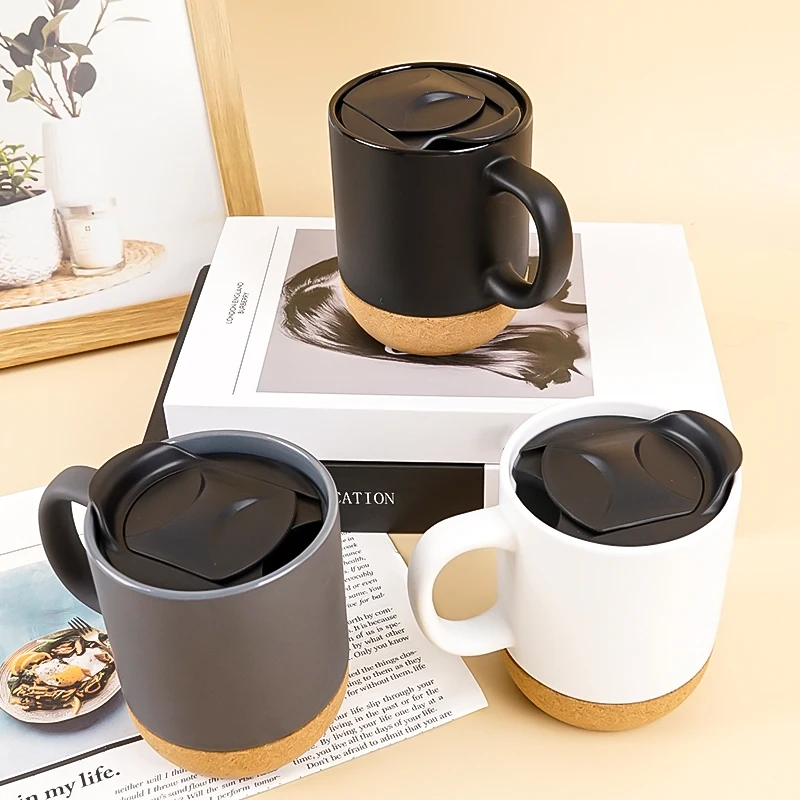Large Ceramic Coffee Mug with Cork Base Spill Proof Lid Microwave Safe for  Mum Dad's Coffee Latte Tea Simple Design for Camping