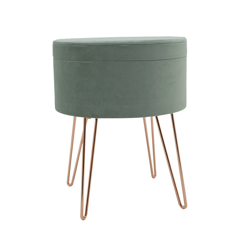 Customized Upholstered Vanity Footstool Dressing Chair Space Saving Round Velvet Footrest Stool Ottoman With Golden Metal Leg