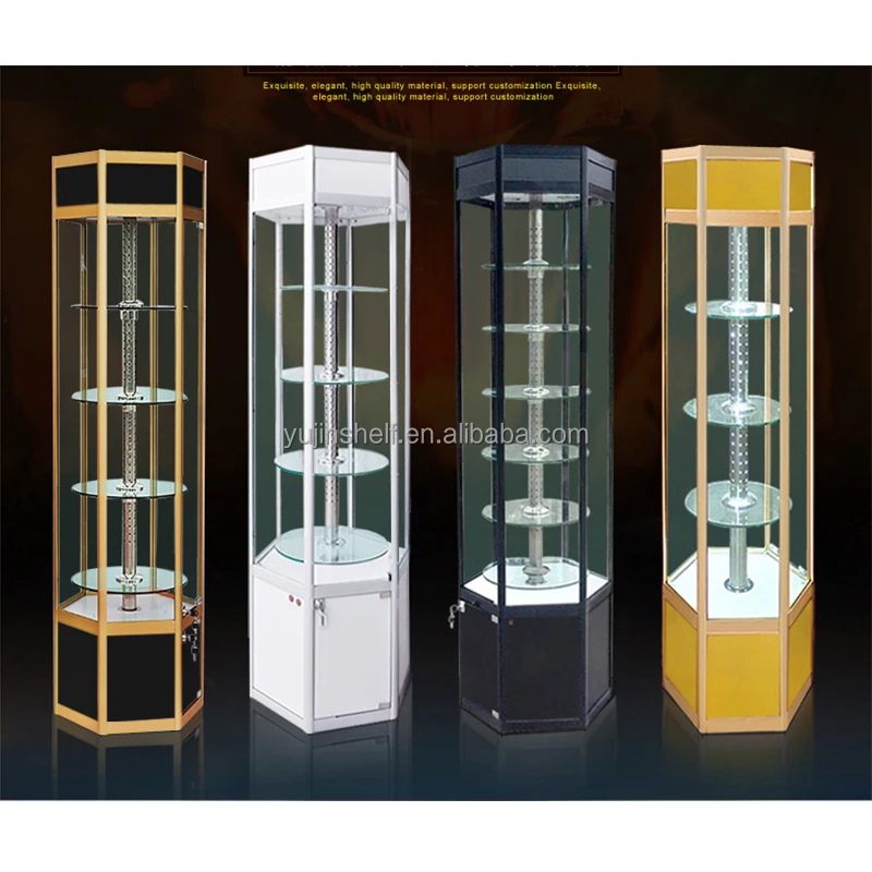 Rotating Display Glass Table Rotatable LED Glass Display Cabinet with 3 Tempered Glass Shelves ...