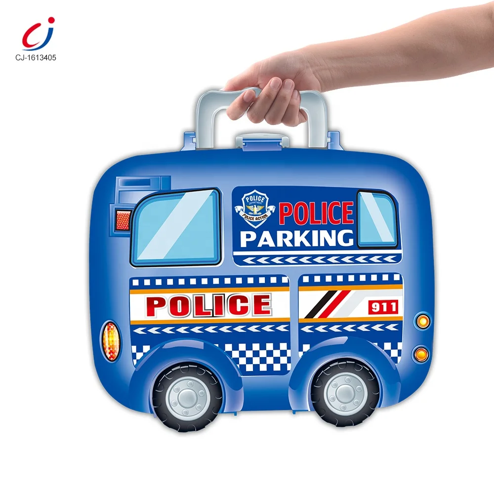 Plastic Kids Play Car Slot Diy Suitcase Police Parking Garage Set for Boys With Map
