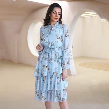 Hot sell Long Sleeves Floral Pleated Stand-up Collar chiffon Maxi Dress Printing Ladies Fashion Dress