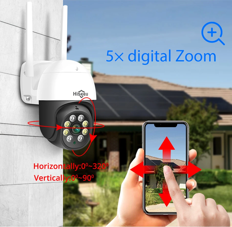 Hiseeu 5MP Camera HD Human Detection Two Way Audio P2P PTZ Wifi Cam Full Color Night Vision Auto Tracking PTZ Camera