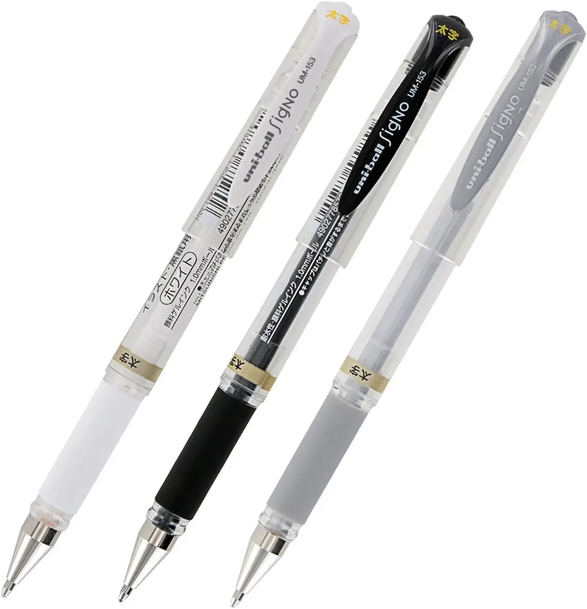 Uni-Ball Signo UM-153 Gel Ink Rollerball Pen, 1.0mm, Broad Point, White, Black and Silver