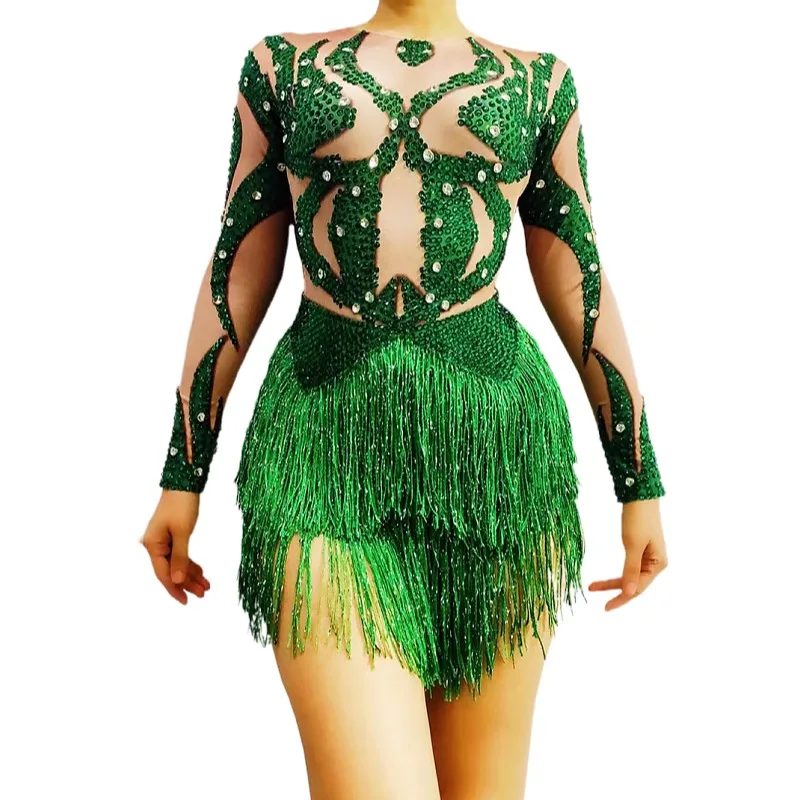 Green Crystal Fringes Gymnastics Dance Leotard for Women