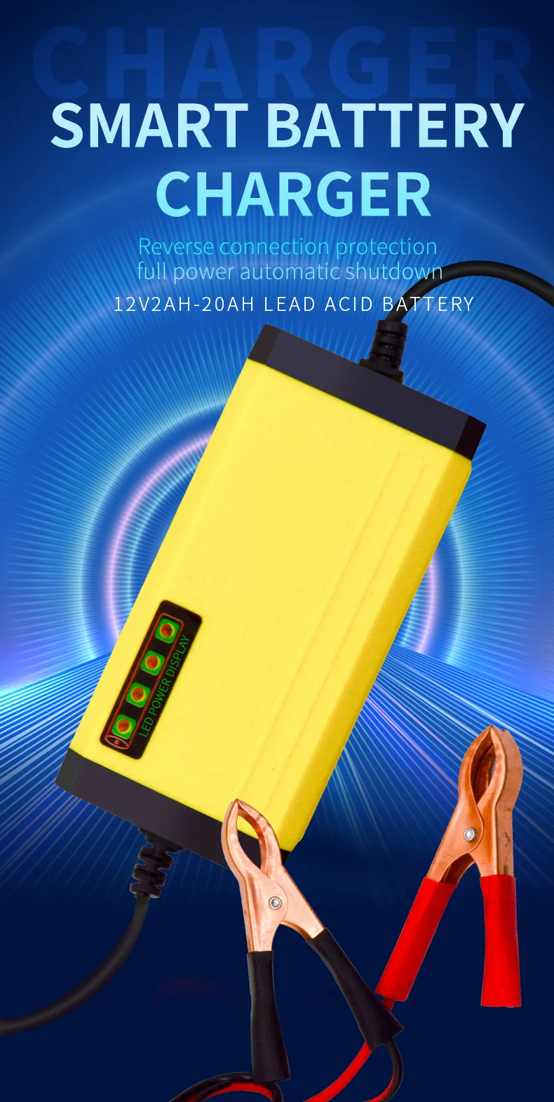 Factory Wholesale12v2A  Smart 12V 6AH-100AH Battery Charger for Cars and Motorcycles for Lead-Acid Batteries details