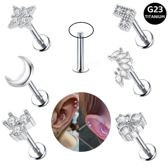 G23 titanium external thread zircon flower lip stud F136 Flat bottom rod ear stud Titanium body piercing earrings jewelry