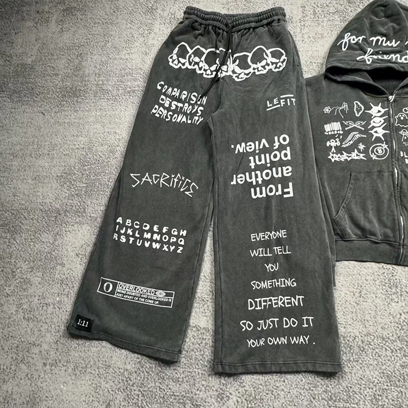 Customized Winter Casual Set Embroidered Knitted Sweatwear Suit with Washed Hoodie and Pickled Flared Pants Zippered Design