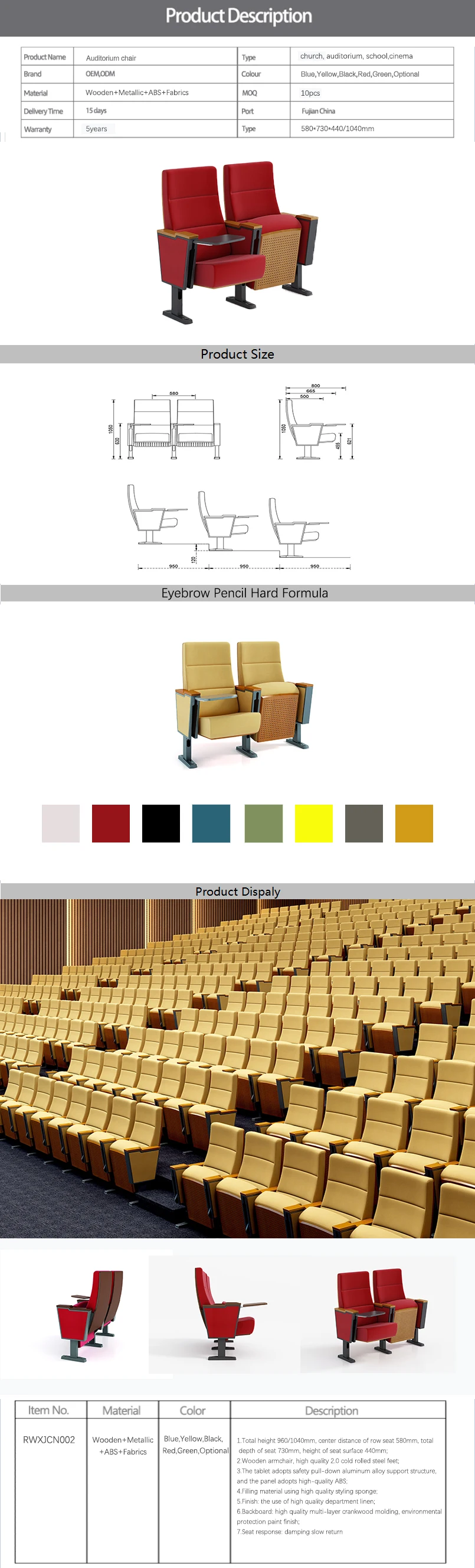 High quality durable comfortable church auditorium cinema chair stackable chair