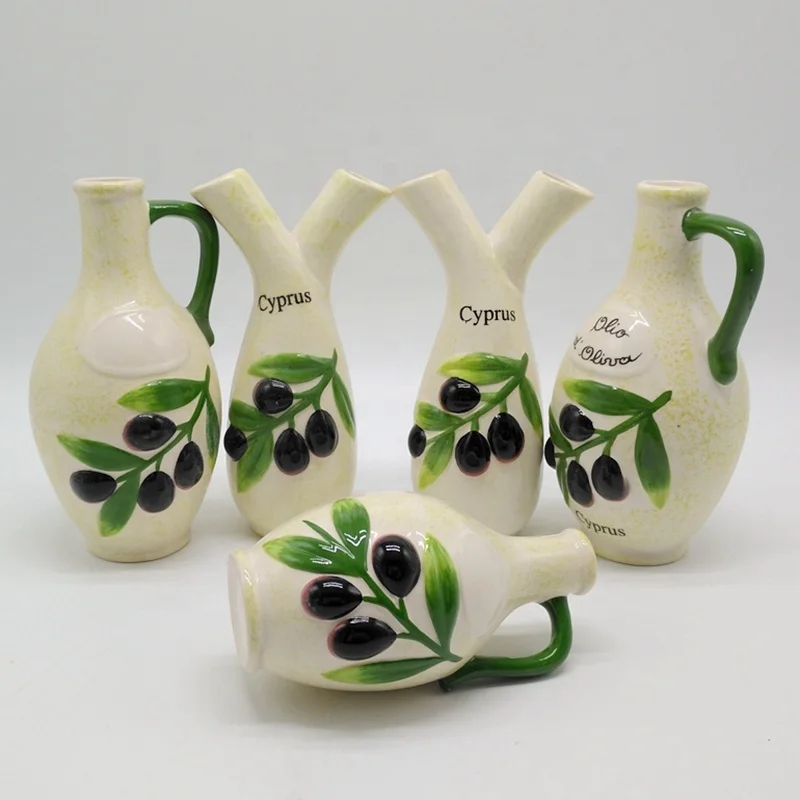 Cyprus Style Olive Tree Pattern Custom Oil Bottles for Kitchen Ceramic Olive Oil Dispenser