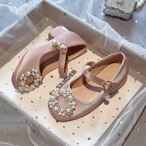 Pink Pearl Girl Mary Jane Party Shoes Wedding Party Little Girls Dress Shoes Low Heel Princess Shoes