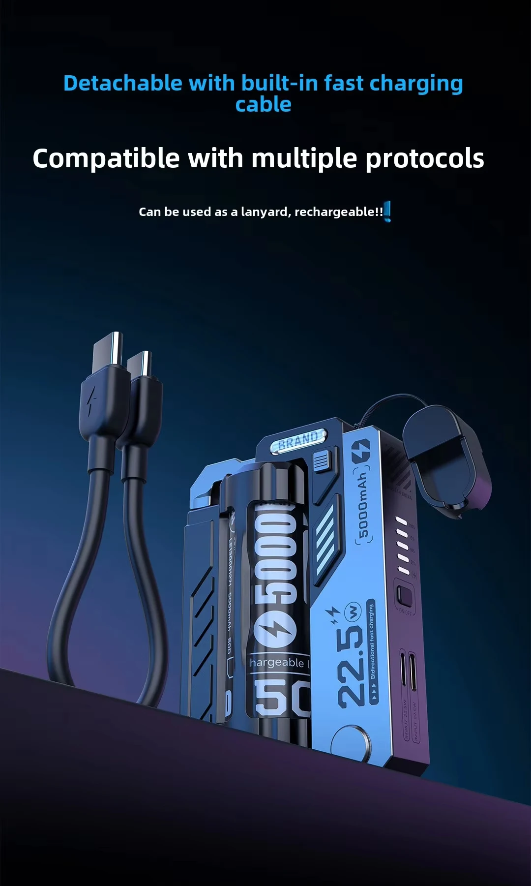 New Design OEM/ODM LI-Polymer Battery Interchangeable Clip Fast Charge Portable Slim 5000mAh Detachable Power Bank Witch Cable