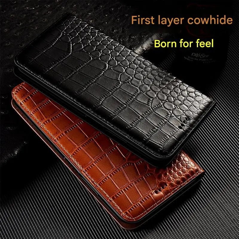 Genuine Crocodile Grain Calf Leather Flip Cover Case Mobile Phone Case For Redmi 12 13 Pro Plus 4G 5G A3 K70 Business Pure Color