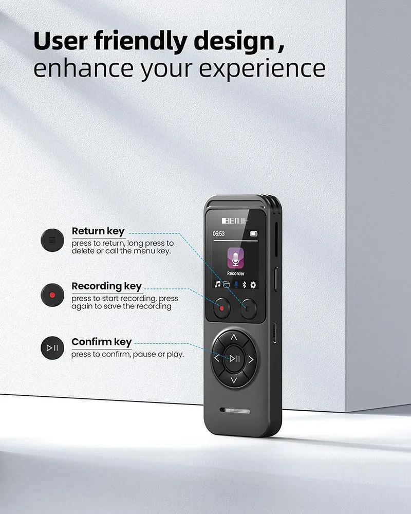 Benjie Brand High Resolution IPS Color Screen Digital Voice Recorder 32/64/128GB Memory 20-Hour Recording Time MP3 WAV for