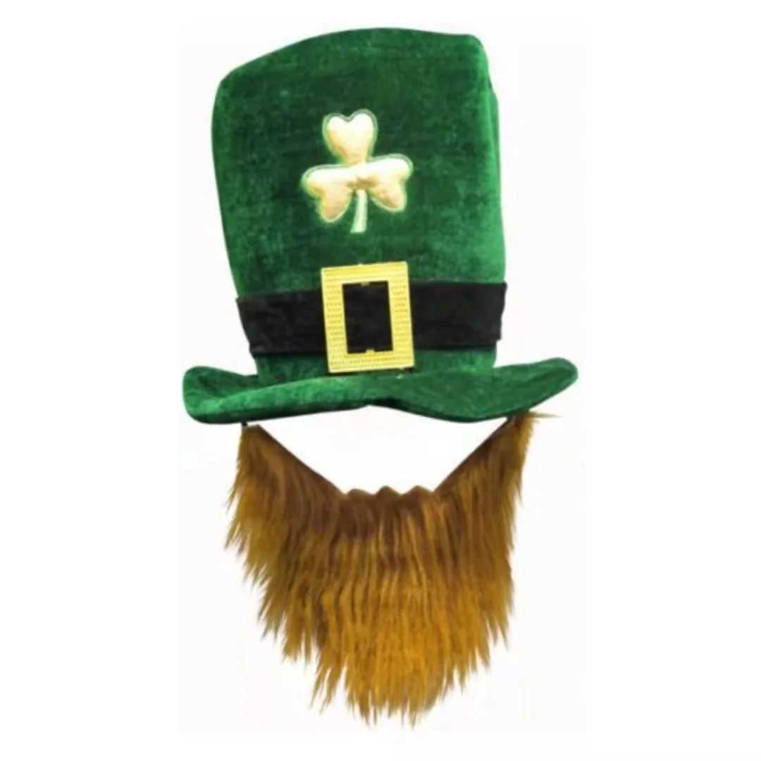 Irish Leprechaun St Patricks Eire Green Velvet Hat & Beard Ireland Fancy Dress 