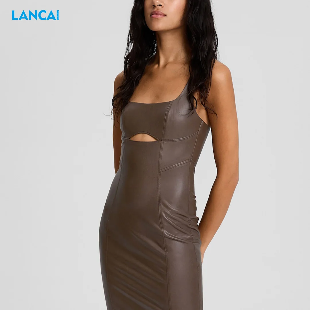 Nieuwe Vrouwen Klassieke Mouwloze Lange Sexy Zwart Pu Lederen Bodycon Club  Jurken Dames Potlood Jurken