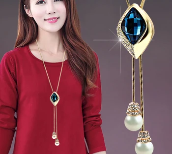 MX01 Hot Sales imitation pearl long necklace big rhinestone long necklace for women