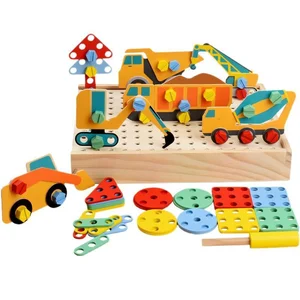 Wooden Dinosaur Construction Truck Screw Puzzle Toy for Kids Montessori Early Learning Fine Motor Skills Training