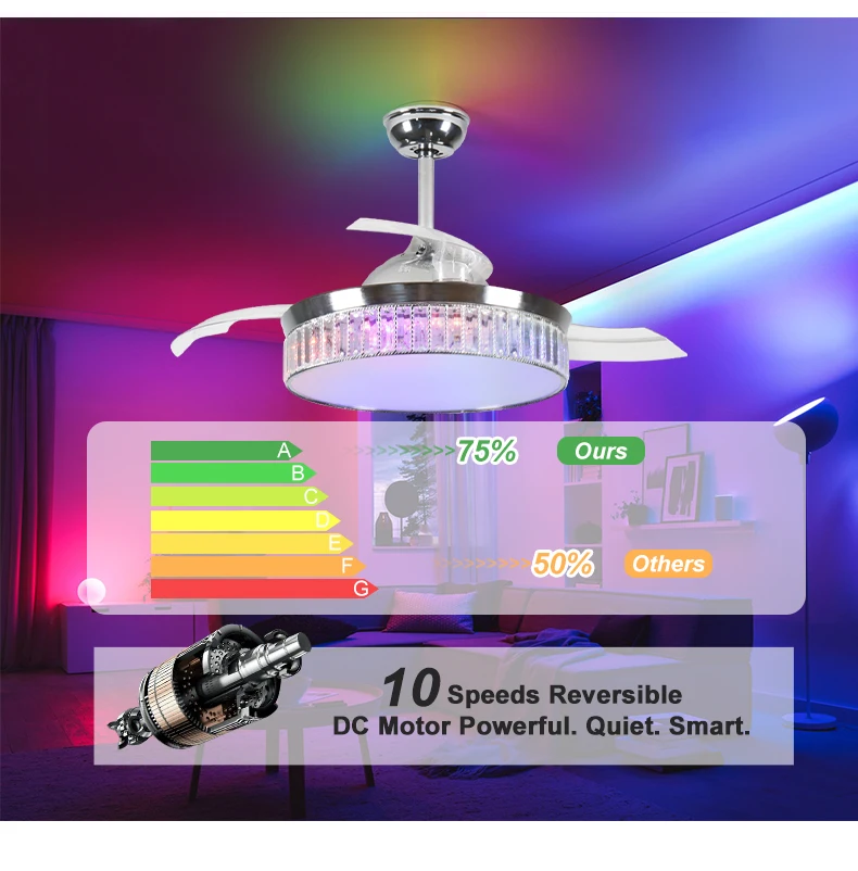 product modern retractable ceiling fan with lights and remote control6 speedrwith blue tooth speakerreversible-6