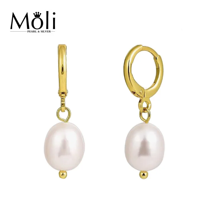 Gold Huggie 14K Gold Plated Hoop Earrings 8-9mm White Natural Baroque Pearl Drop Earrings
